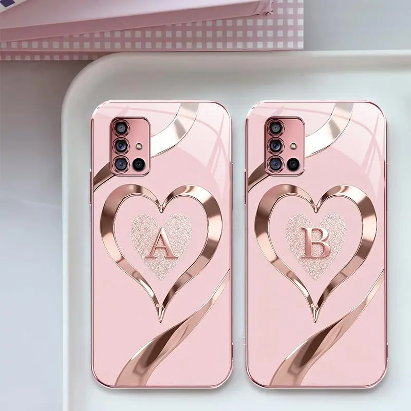 Suitable for [Galaxy A71 5g ] Luxury Rose Gold Heart Monogram Phone Case | Personalized A-Z Initial Electroplated Glossy Glass Protective Cover | Shockproof Drop Protection, Anti-Scratch & Anti-Fingerprint | Cute Gift for Her -JS996