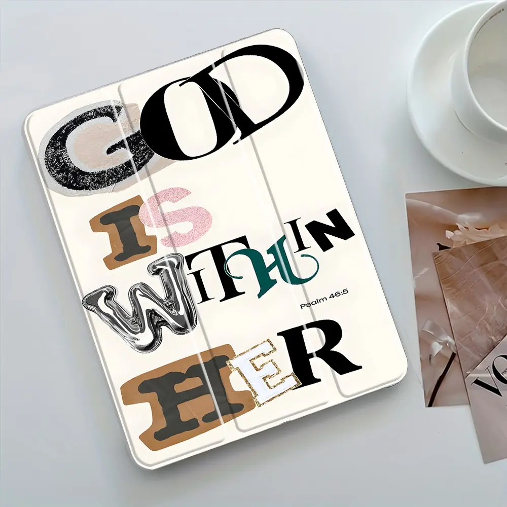 Retro "God Is Within Her" Bible Verse Case, Tablet Cover, Tablet Casing, Durable tablet casing, Auto Wake/sleep, Anti-Drop Scratch-Resistant, Transparent Acrylic Back, Fits iPad 7.9/10.2/10.9/11/12.9 inch, Shock-resistant Full Cover Ideal for Office