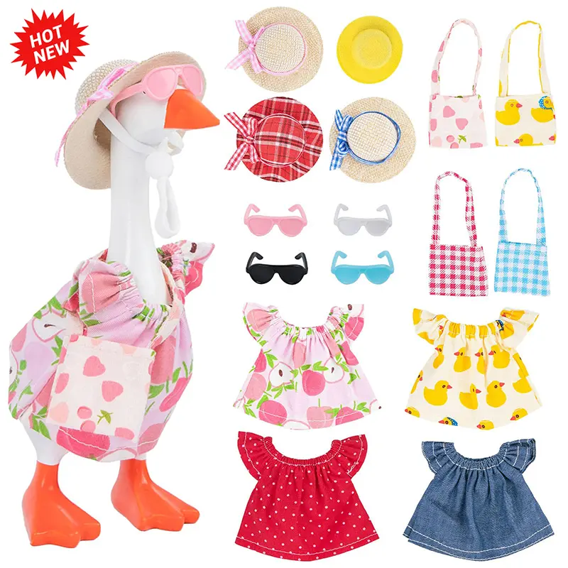 4 Sets 7 Inch Desk Goose Outfits 16 Pcs Mini Goose Clothes with Hats Sunglasses Bags and T-Shirts Summer Style Accessories for Cute Desktop Goose Key Holder Decor