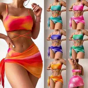 Women's Viral Tie-Dye Rainbow-Themed 3-Piece Bikini Set - Mesh Skirt, Sheer Cover-Up, Bohemian Swimsuit for Beach, Summer Vacations, Rainbow-Themed Bikinis Set