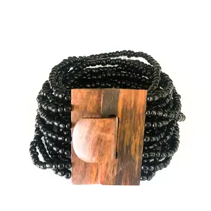 SHANTI | Balinese Wood +Glass Beaded Cuff Bracelet in Caviar Black