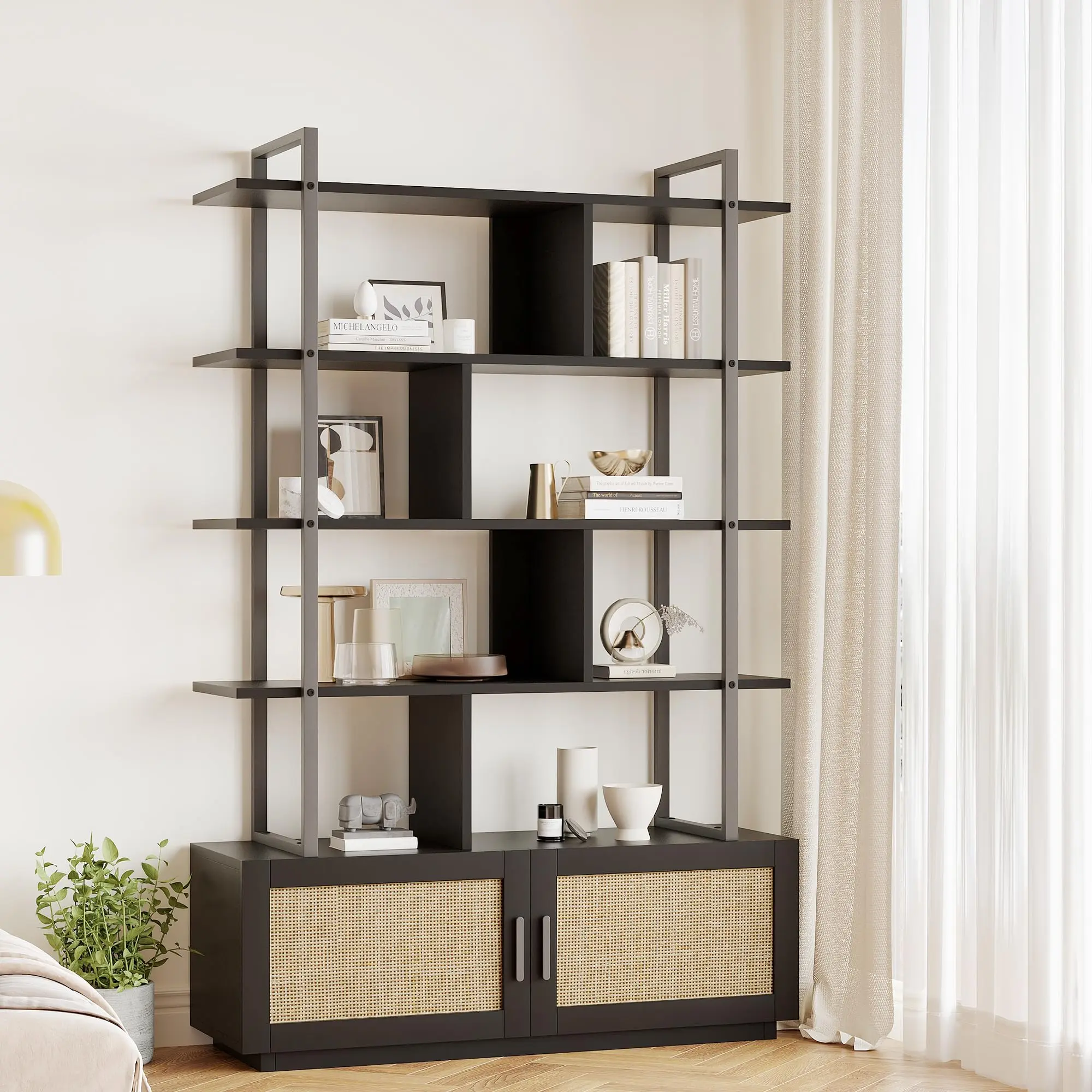 Garvee 5 Tier Rattan Bookshelf with Storage Cabinet & Door, 71.1 Inch Tall Industrial Book Shelf with Open Display Shelves, 5 Shelf Bookcase with Metal Frame for Living Room, Bedroom -Black