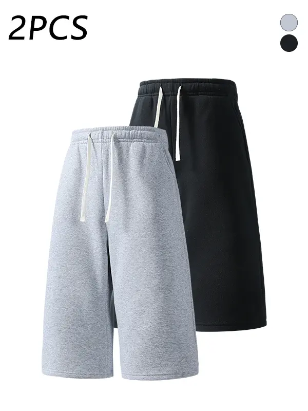 2-pack men’s summer casual athletic shorts, 7/8 length, loose straight fit, adjustable drawstring elastic waistband, skin-friendly breathable fabric