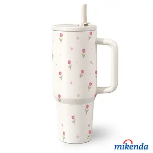 1 Pc 40 Oz Stainless Steel Water Cup with Handle and Folding Straw, Tumbler with Lid, Tumbler Reusable Cup, Pink Tulip Floral Pattern, Double Wall Insulated Thermal Mug, Hot 12H/Cold 24H, Easter Mother’s Day Gift for Friends and Family