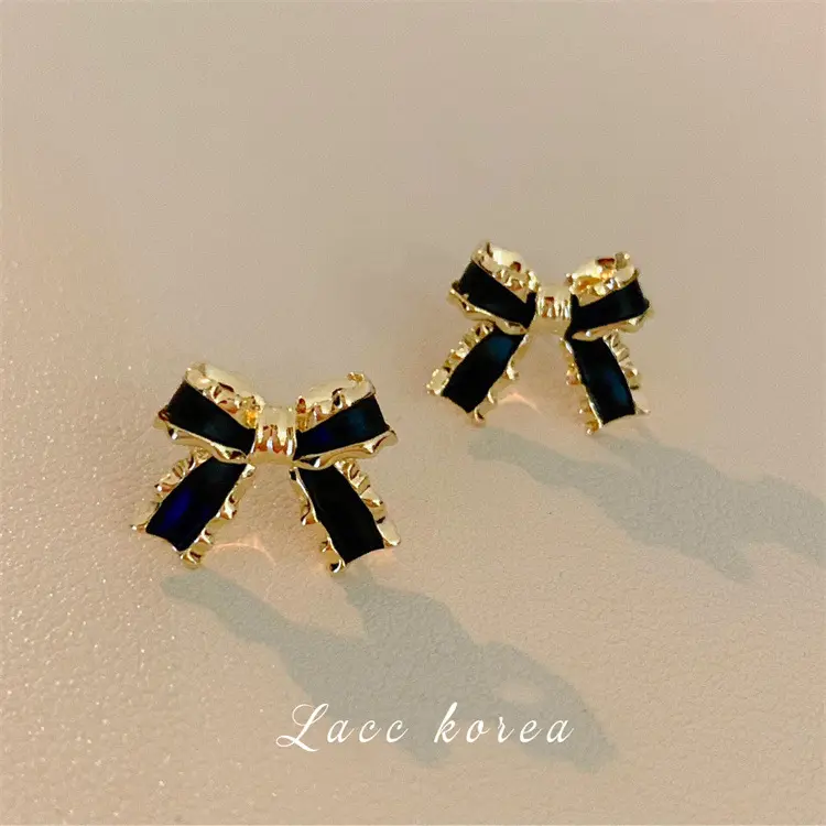 2026 Korean Style Black Bow Knot Stud Earrings - Metal Coating, Elegant High-End Viral Design, Casual Daily Fashion Costume Jewelry Accessories, Statement Earrings