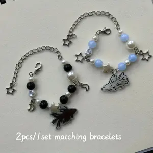 2pcs/1set Matching Bracelets With Black And White Betta Fish Charm, Eid al-Fitr Holiday Gifts For Bestie