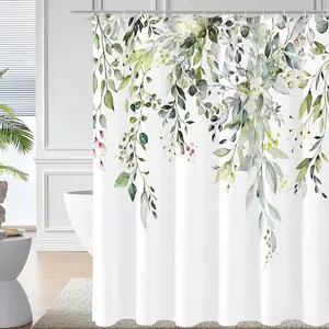 Eucalyptus Shower Curtain, Watercolor Leaf Shower Curtain Sets, Waterproof Plant Leaves Shower Curtain Fabric Cloth Bathroom Curtains, 72x72 inch with Hooks