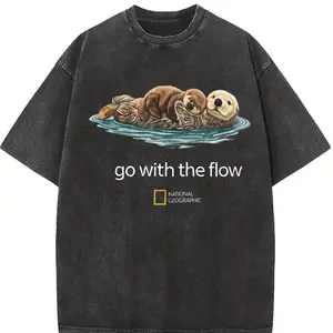 Cute Sea Otter Go With The Flow National Geographic Heavyweight Boxy Fit T-Shirt Vintage Washed Oversized Pure Cotton Graphic Tee Nature Wildlife Aesthetic