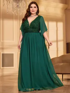 Elegant Plus Size V-Neck Sequined Chiffon Fitted Flare Sleeve Dress, Waist Cinched Ruched Hem Evening Party Gown, Formal Ballgown Style
