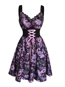 Women's Elegant Floral Printed Dress, Lace Splicing V-Neck, Elastic Waist Pleated Hem, Perfect for Dating Vacation Casual Wear, Womenswear