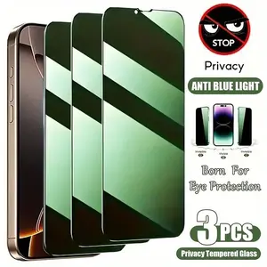 3pcs Green light Privacy Screen Protectors For iPhone 17 Air/17 Pro Max/17 Pro/17/16/15/14/13/12/11/Pro Max/Pro/Plus/16e/X/XS/XR/XS MAX,9H Hardness,Ultra HD,Anti-Scratch,Anti-Fingerprint,Compatible with dynamic islands