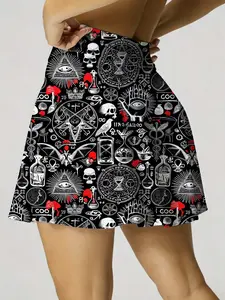Summer Women's Lightweight Sporty Tennis Skirt and Shorts Set with Pockets, Pattern Print, Ideal for Running Yoga Fitness