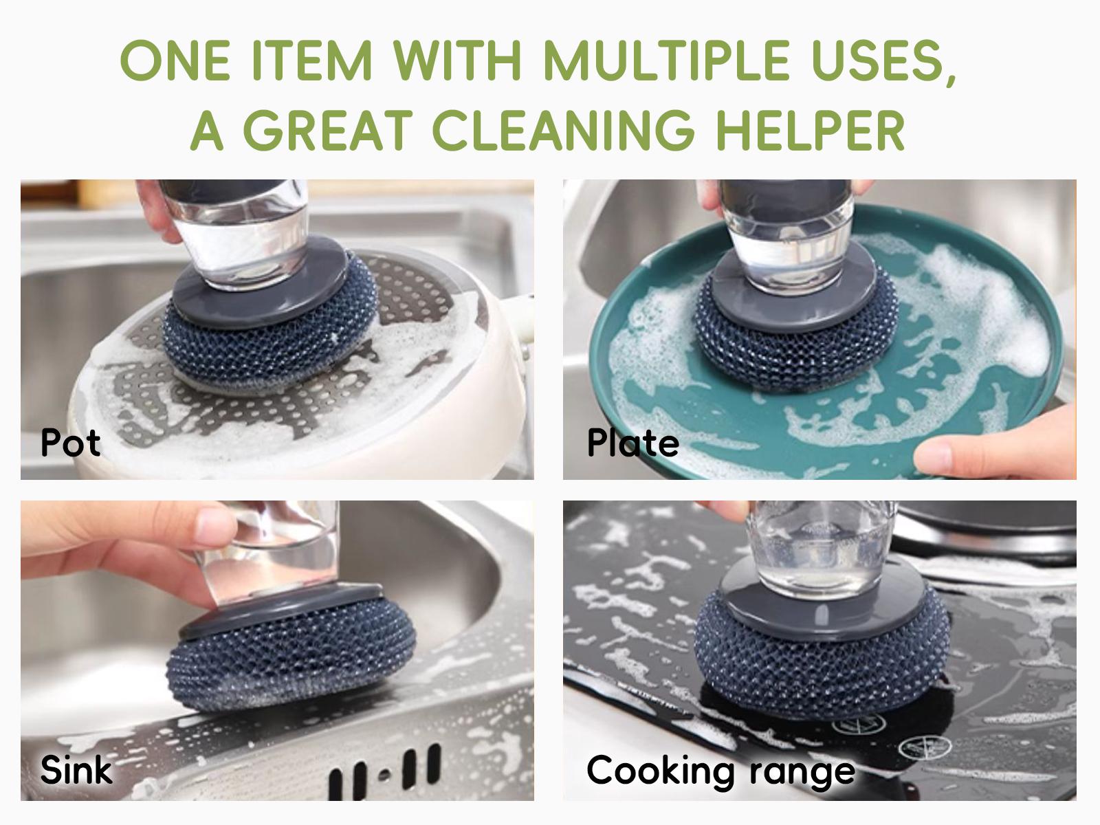 Kitchen pot brush, automatic liquid adding pot brush, Kitchen Brush, Automatic Liquid Filling Comfort Handle Soap pot brush Scrubber, Convenient Pot Scrubber for Manicure, Frying pan cleaning brush, plates, Gentle-on-the-hands cleaning brush