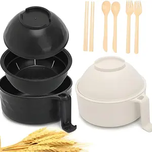 33oz 3-Part Acrylic Noodle Bowl Containers with Cover - Microwave-Safe Tableware Kit, 1-Piece Set with Cutlery (Fork, Spoon, Chopsticks) for Kitchen Use Dinnerware Service Set