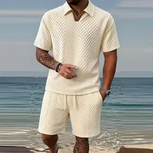 Men's 2-Piece Color-Block V-Neck Short-Sleeve Top & Shorts Menswear Set - Plain Clothes, Regular Fit, Ideal for Summer Outdoor & Commuting Wear, Casual Stylish Essential