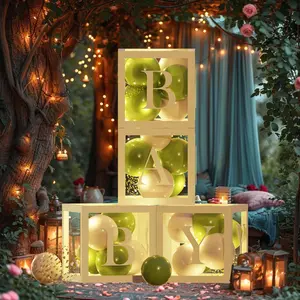 Baby Shower Balloon Boxes 4pcs Clear Baby Blocks With Letters 4 Pack Led Fairy String Lights And 36pcs Sage Green & Gold Balloons For Baby Shower Decorations,Birthday or gender reveal Parties