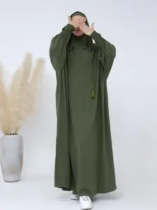 Women's Solid Color Shirred Batwing Sleeve Tassel Drawstring Hooded Dress, Casual Long Sleeve Long Dress for Fall & Winter, Women's Islamic Clothing for Daily Wear, Modesty Muslim Clothing