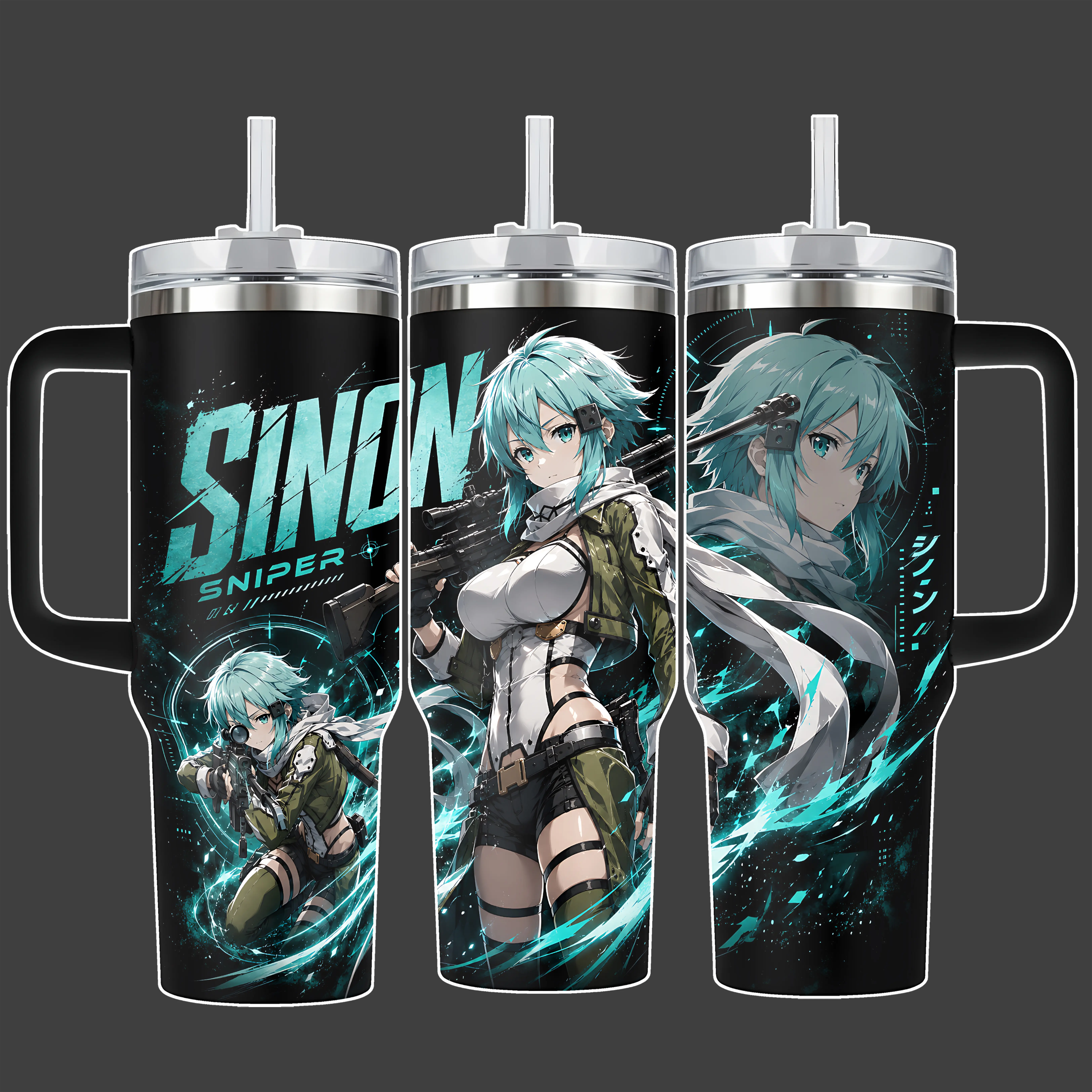Sword Art Online Sinon Sniper Blue Tactical Anime Tumbler Cup, Stainless Steel Insulated 20oz/40oz with Straw Lid Included, 40oz Handle Option