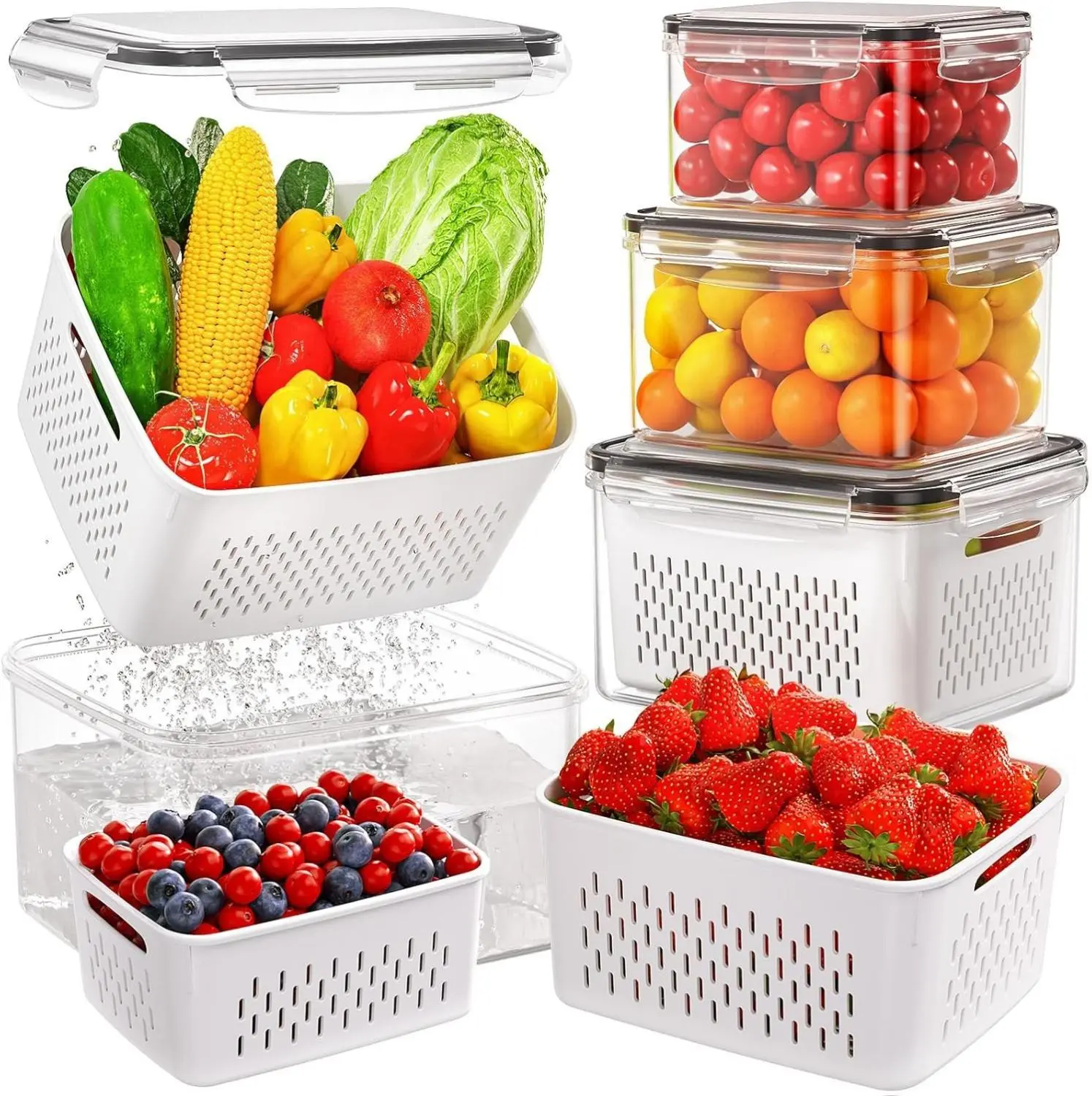 4 PCS Fruit Storage Containers for Fridge, Produce Containers for Fridge with Removable Colander, All-In-One Fruit Washing Bowl with Strainer Microwave/Dishwasher Safe for Salad Berry Lettuce Keeper Kitchen Lid Set Utensils
