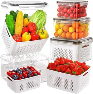 4 PCS Fruit Storage Containers for Fridge, Produce Containers for Fridge with Removable Colander, All-In-One Fruit Washing Bowl with Strainer Microwave/Dishwasher Safe for Salad Berry Lettuce Keeper Kitchen Lid Set Utensils