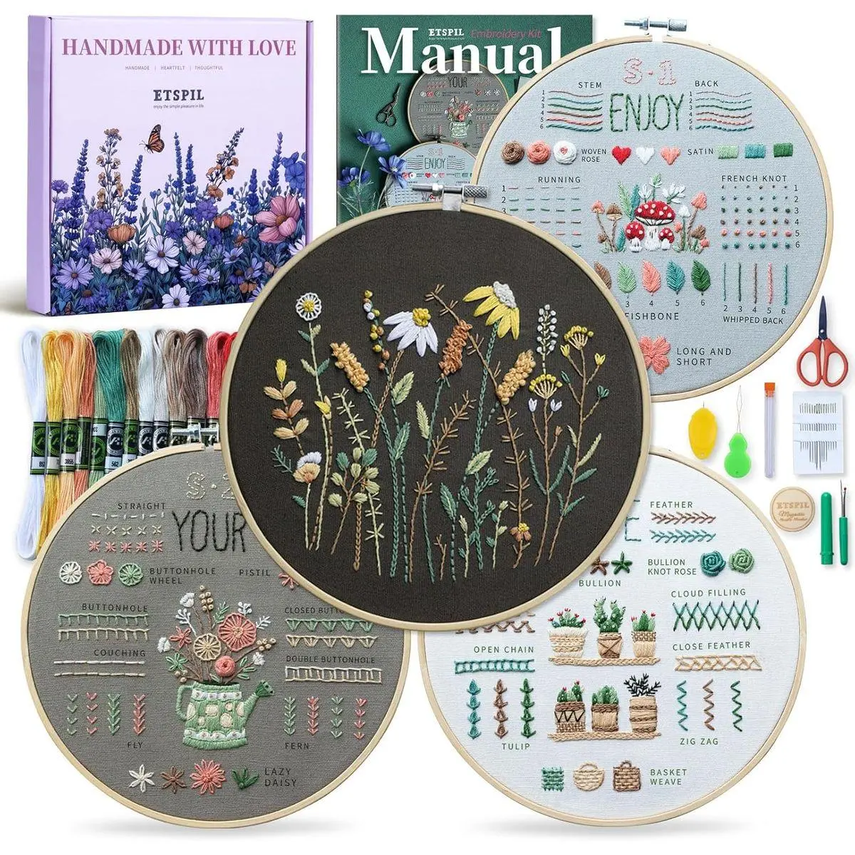 Embroidery Kit for Adults, 4 Pre-Printed Floral Patterns & 2 Hoops, Learn 33 Stitches via 4K HD Videos, Magnetic Needle Minder Included, Beginner-Friendly DIY Gift for Women