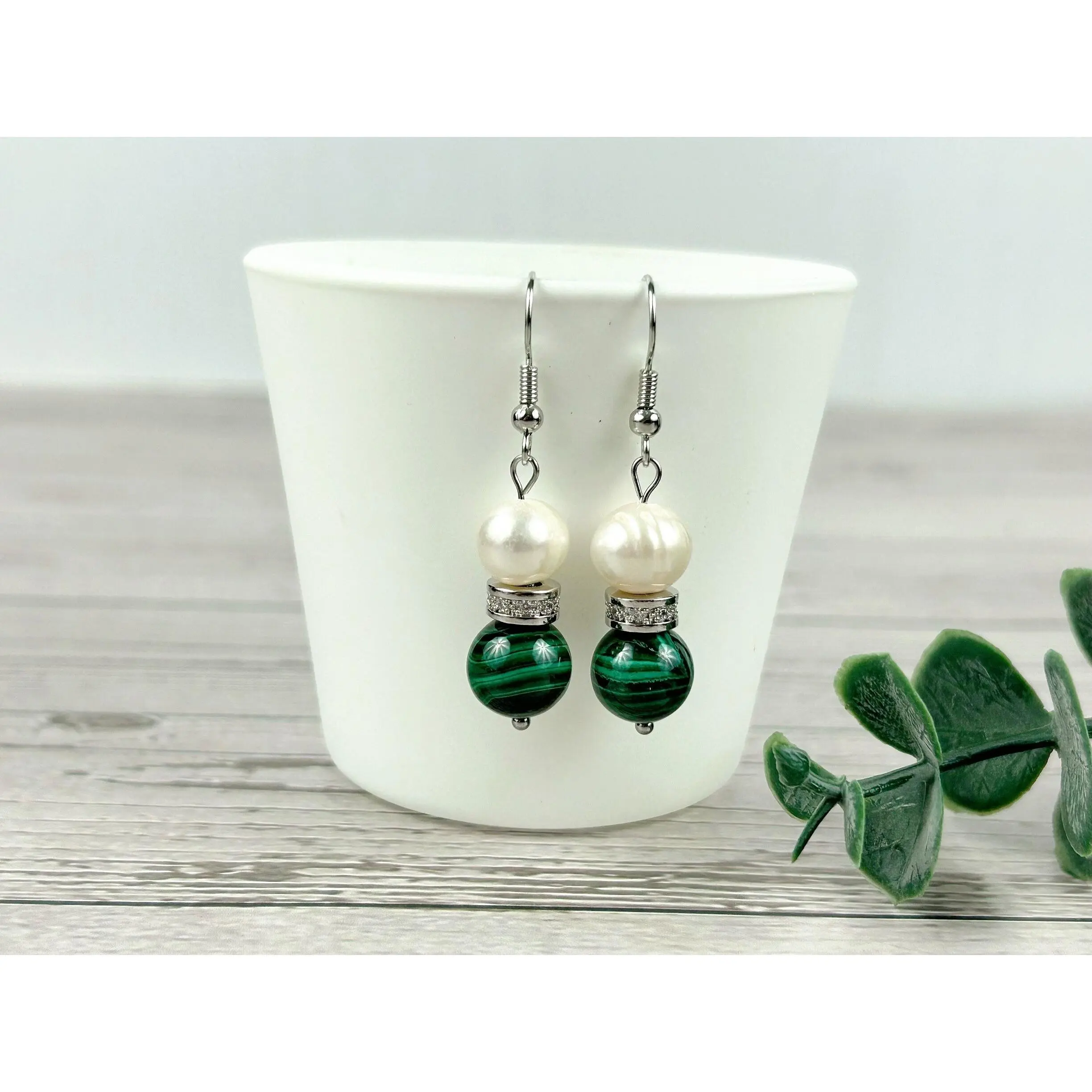 Malachite Earrings - Freshwater Pearl Earrings - Gemstone Earrings
