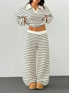 Women's Plus Size Long Sleeve Set, Casual Fall Two-Piece, Includes Striped Long Sleeve Top and Wide Leg Pants, Womenswear