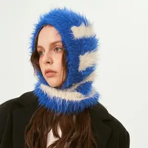 New Wool Blend Plush Balaclava Hat Women Winter Retro Contrast Color Knitted Beanie Neck Protector Mask