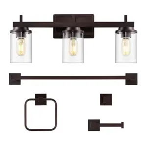 JONATHAN Y Liam 23.25" 3-Light Farmhouse Industrial Vanity Light with Bathroom Hardware Accessory Set
