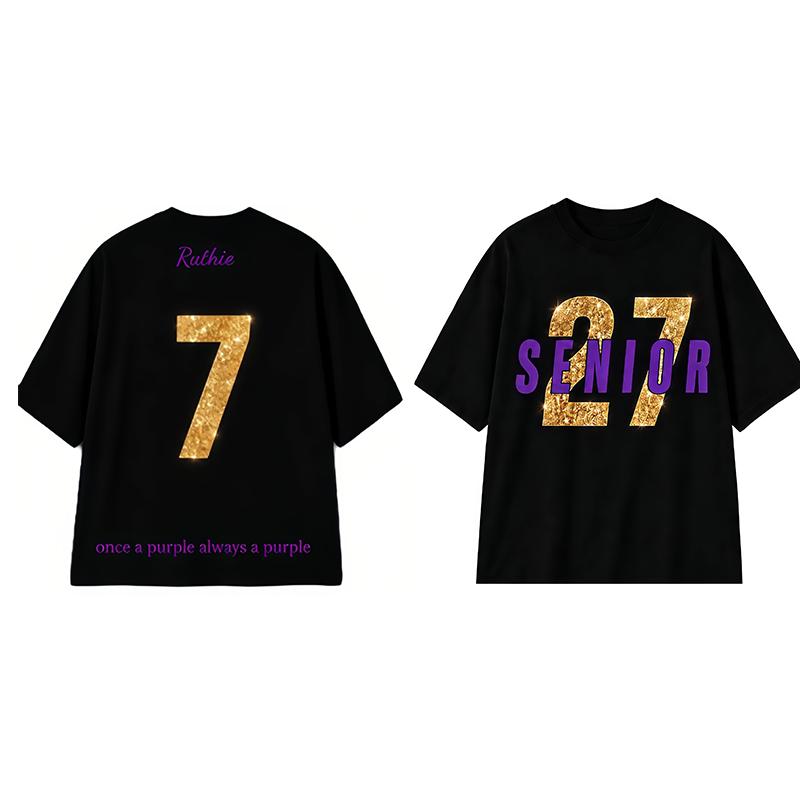 Oversized Personalized Print Senior 2 Graduation Short-Sleeve Tshirt - Custom Name&Number, Loose Round Neck, Black/Gold/Purple, Stylish Casual Festive Streetwear Sports Top, Thoughtful Grad Gift for Outdoor Use
