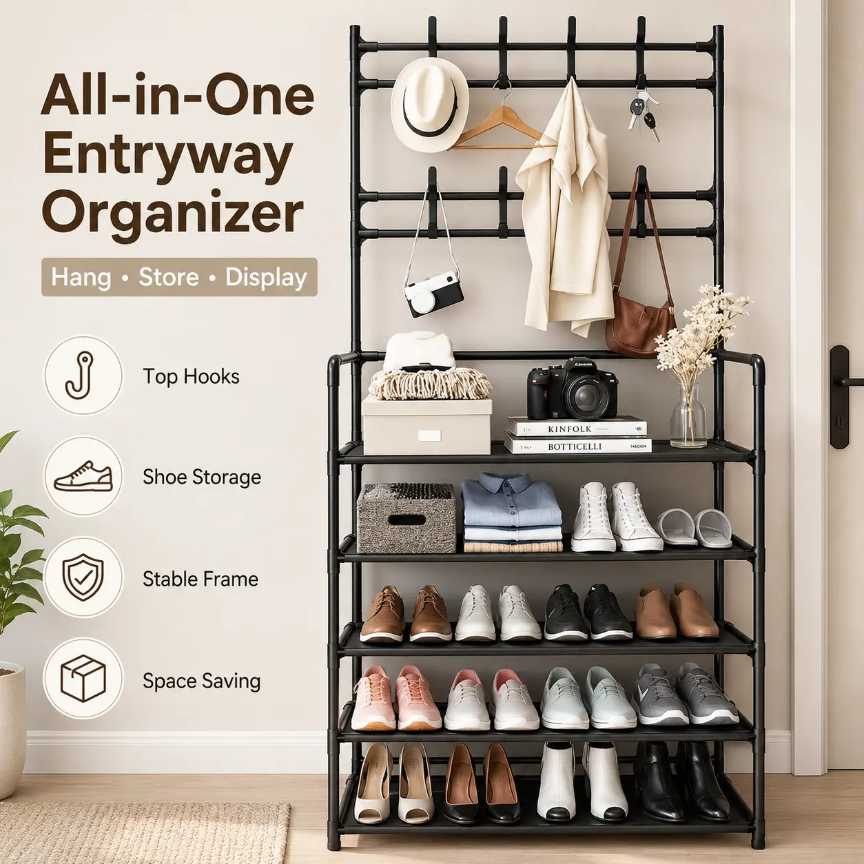 1pc Multifunctional Entryway Coat Rack with 5-Tier Shoe Storage Shelves & 12 Hooks, Freestanding Space-Saving Hall Tree Organizer for Hallway, Bedroom & Dorm