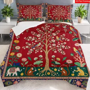 Print Indian Ethnic Life Tree Quilt Set (1 Quilt + 2 Pillowcases), Boho Bed Set, Soft Breathable, Digital Print, Suitable for Bedroom Dorm Home Use