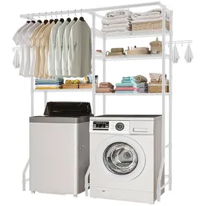 VEVOR Over Washer and Dryer Storage Shelves, 6 Tiers Laundry Room Drying Rack with Hanger Rod and Hooks, Two Rows Adjustable Washer Shelves Space Saver, for Laundry Room Storage & Organization, White