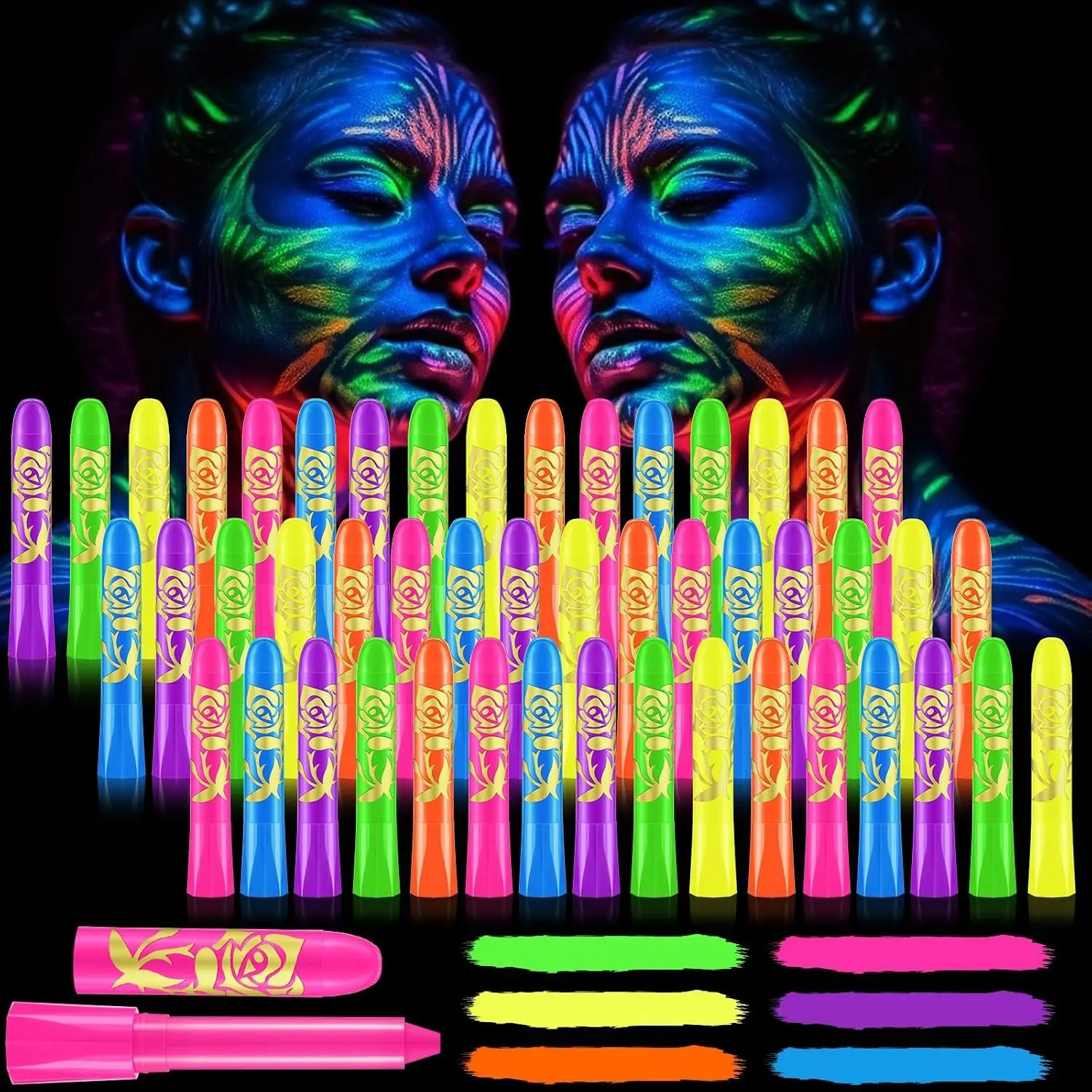 48 Pcs Glow in The Dark Face Body Paint Makeup, UV Crayon Black Light Fluorescent Body Face Painting Kit for Adult Birthday Party Halloween Makeup Outdoor, 6 Colors