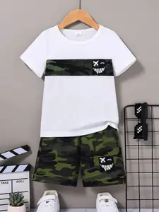Camouflage Short Sleeve Set, Boy's Fashion Casual Two-Piece, T-Shirt with Camouflage Shorts, Summer Kids Clothes