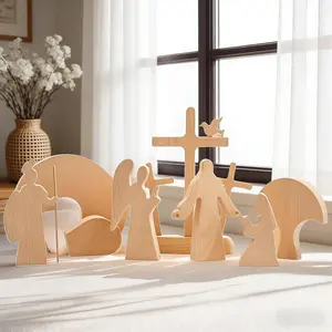 8 count Wooden Easter Decorations Religious Resurrection Scene Figurines  Empty Tomb Design  Christian  Nativity Set for  Office Table Spring Tomb Tray Set  Easter Signs