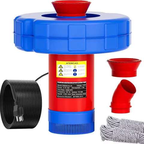 Floating Pond Fountain Aerator - 1HP 110V 750W 15000 GPH Plastic Float Pump with 100FT Power Cord, 2x33FT Guide Ropes, Fully Automatic Timer, Dual Function, Durable Aerator Design, Easy to Use for Shallow/Larger Ponds (Sports & Outdoor Use)