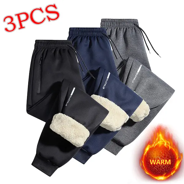 Men's 3-Pc Outfit Set - Fleece-Lined Polyester Print Straight Pants, Ultra-Warm Athletic Bottoms, Street Chic Casual Essential for Easy Layering