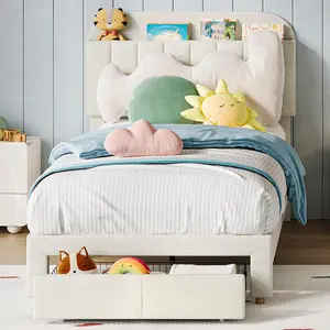 GARVEE Twin Bed Frame with Drawer, Velvet Upholstered Platform, Storage Headboard, No Box Spring Needed, Easy Assembly, Noise-Free, Available in Ivory White, Blue, and Pink