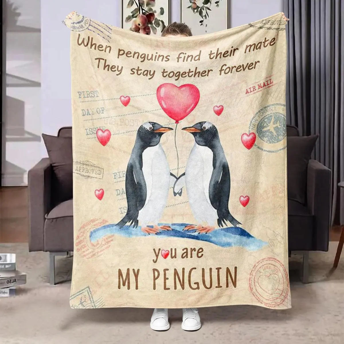 Penguin Pattern Blanket, 1/2 Counts Soft Throw Blanket, Air-conditioned Room Blanket, Warm Nap Blanket for Home Office Travel, Gift for Boyfriend & Girlfriend