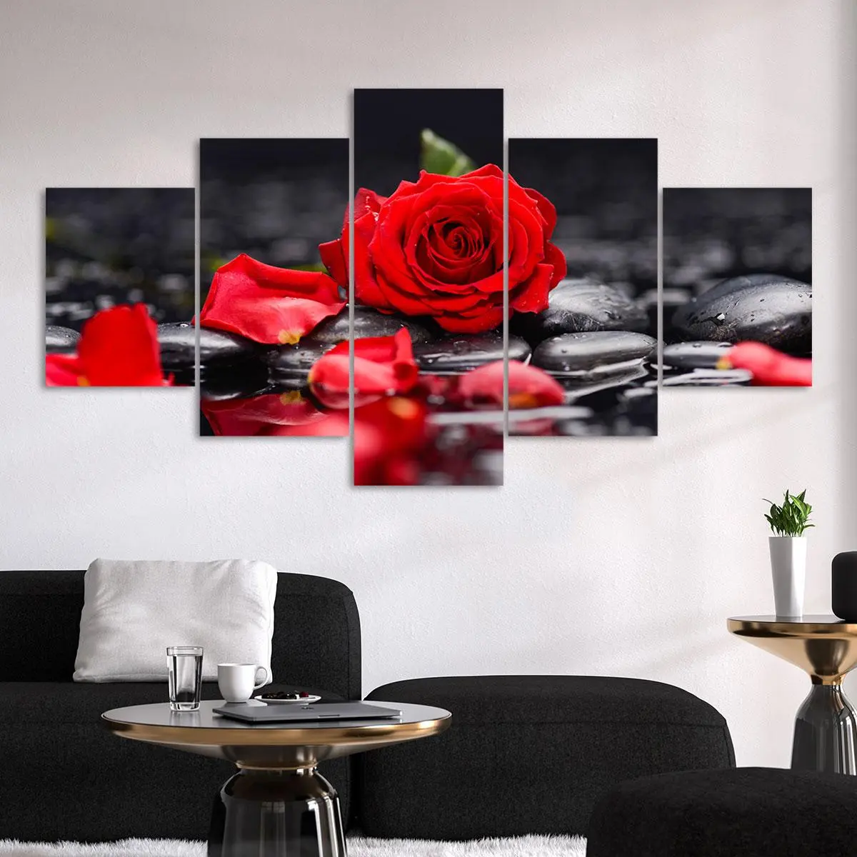 Red Rose on Stones Pattern Canvas Unframed Painting, 5 Counts/set Modern Wall Art Poster, Modern Floral Paintings, Wall Art Decor for Home Living Room Bedroom Office, Ornaments, Decoration