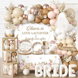 301 count Boho Bridal Shower Decorations Complete Party Set, Serves 25 Guests, Boho Wedding Engagement Theme Bridal Shower Decorations, includes Balloon Arch Box Tableware Veil  Straps