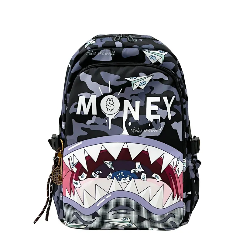 Sprayground Black-Grey Camo Money Shark Mouth Print Backpack, Hype Streetwear Large Capacity Oxford Fabric Laptop Backpack for Teen Boys, Durable Fashion Bag for Back to School Daily Use
