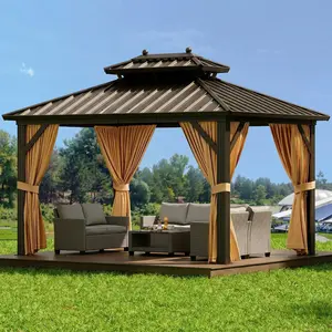 10' x 10' Hardtop Gazebo with Curtains and Netting, Permanent Outdoor Patio Gazebo with Aluminum Frame and Double Metal Roof for Backyard, Lawn, Deck and Garden