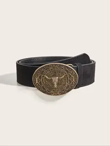 Women's Vintage Cow Head Decor Geometric Design Buckle Belt, Fashion Belt for Party, Daily Clothing Decor, Trendy All-match & Exquisite Belt for Birthday Gift