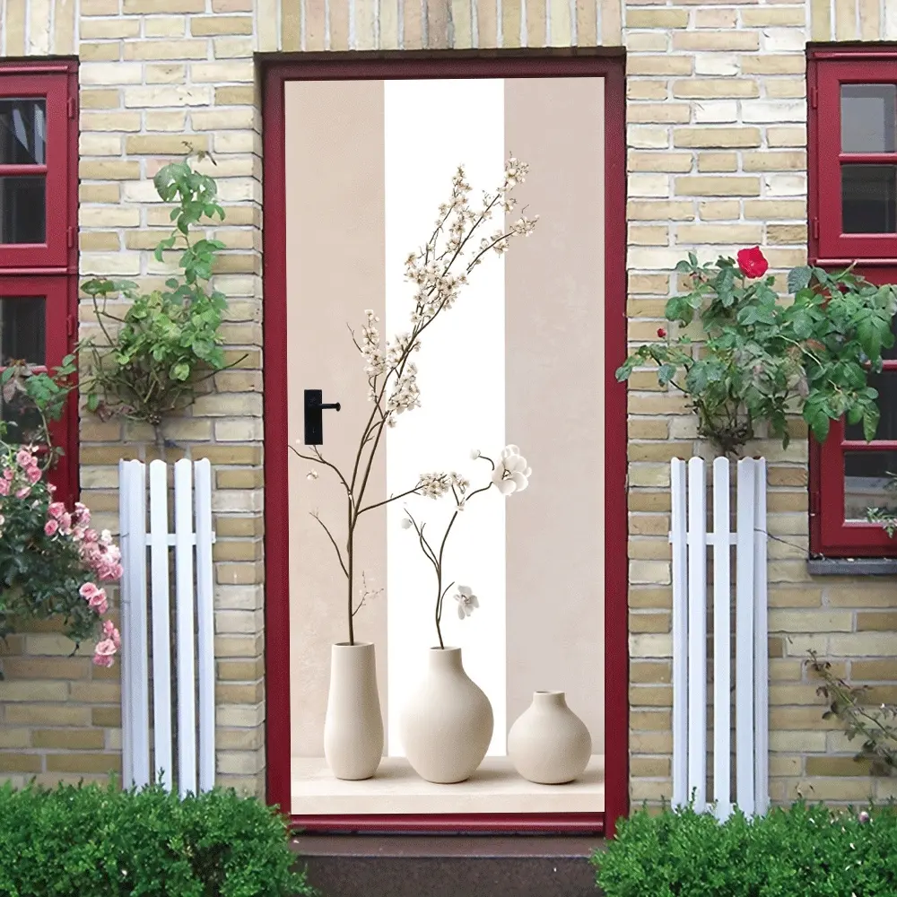 2pcs Modern Minimalist Relief Wall Stickers, Living Room Entrance Background Wall Decor, Simulation Flower Branch Ceramic Vase Combination Self-Adhesive Wall Decals, Removable Waterproof Eco-Friendly W