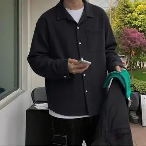 Menswear Men’s Black Plain Corduroy Button-Up Longsleeve Top, Casual Overshirt with Chest Pocket, Soft Lightweight Fall-Winter Layering Shirt