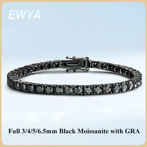 Full 3/4/5/6.5mm Black Moissanite Tennis Bracelet for Men Women Unisex 925 Silver Plated 18K Black Gold Hip Hop Bracelets