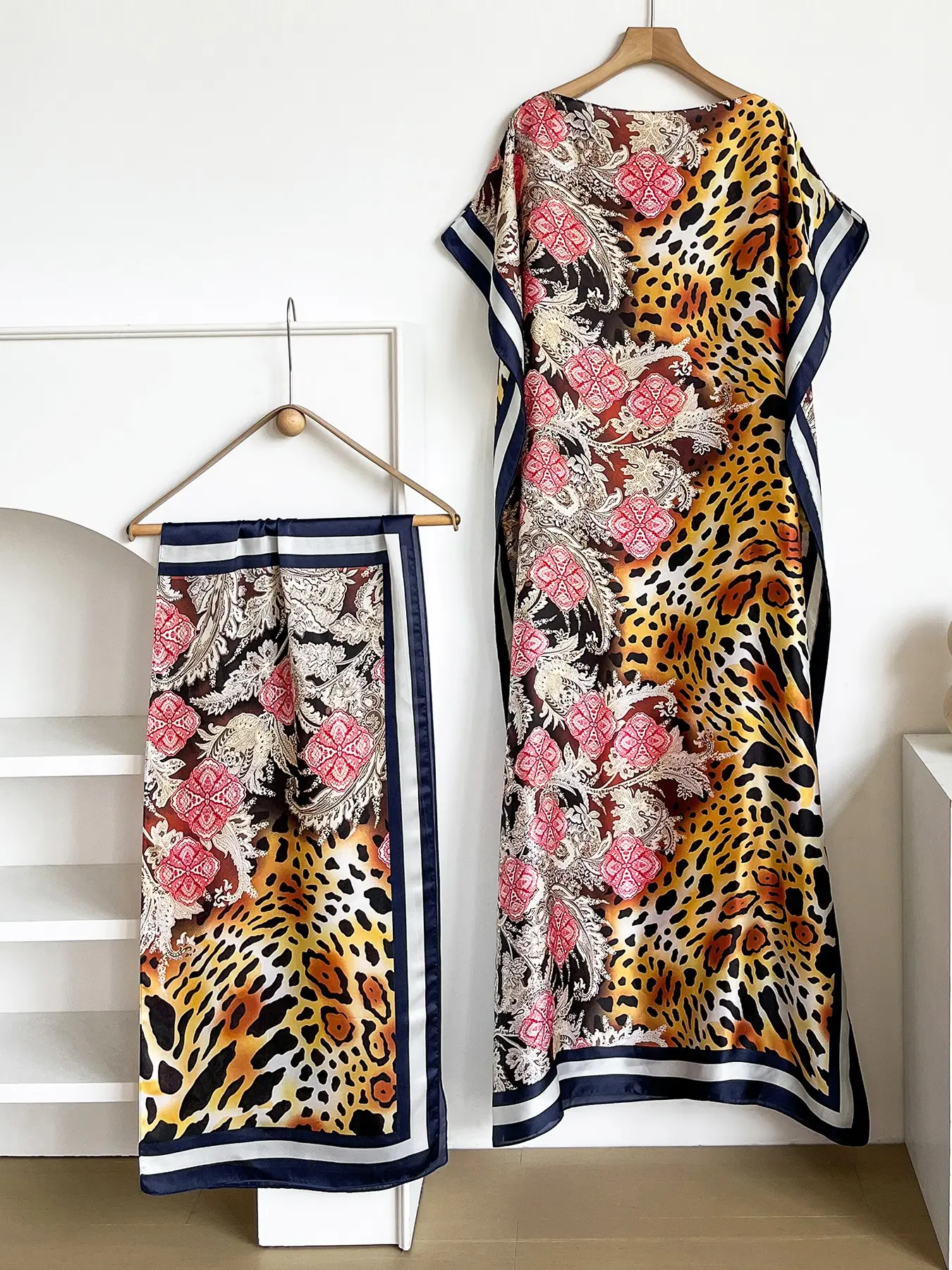 Boho Style Leopard Print Robe Set, Elegant Fashion Cape Dress + Long Headscarf, Women's Summer Beach Resort Wear Sun Protection Silk Scarf, Womenswear Elegance