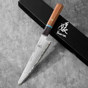 YUANREN 8'' Copper Damascus Ko-Kissaki/ Petit Point Kiritsuke Fine Cut Kitchen Knife VG10 Stainless Steel 67 Layers Rosewood Ebony Combined Handle Turquoise Ring Mosaic Pin
